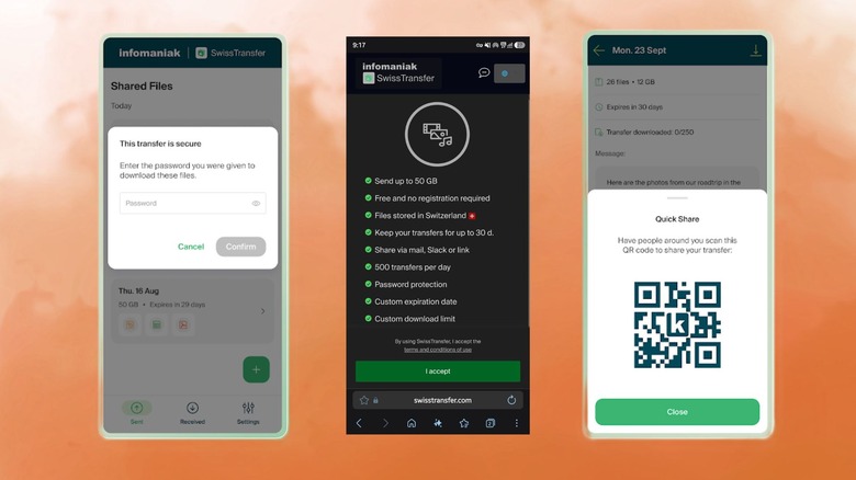 SwissTransfer app on an Android smartphone displaying its features