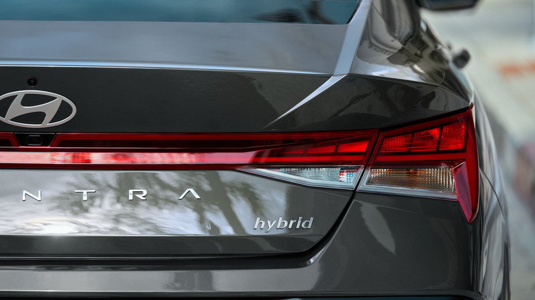 The rear end of a silver 2026 Hyundai Elantra Hybrid