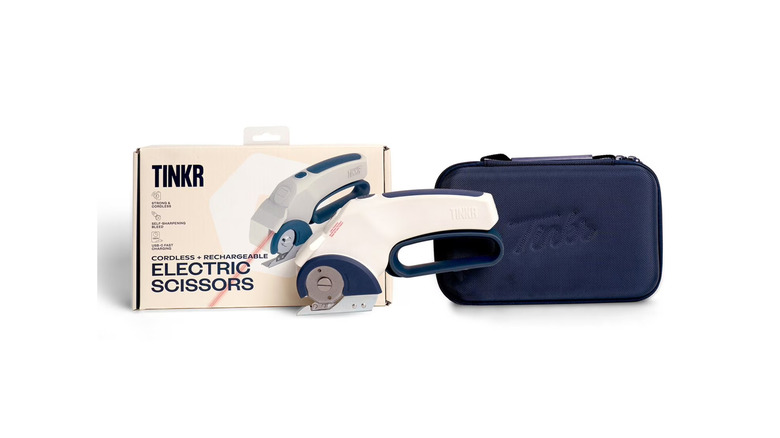 TINKR Cordless Electric Scissors next to box and carrying case.