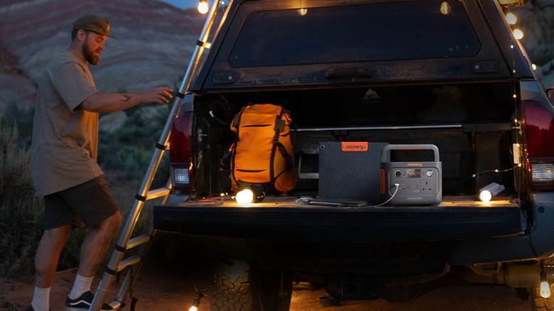 Jackery Explorer 300 Plus Portable Power Station powering lights off the grid