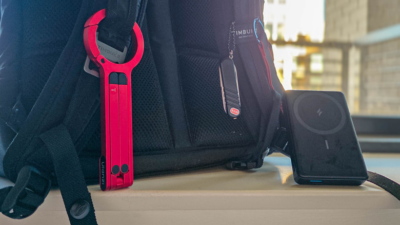 Items arranged on a backpack