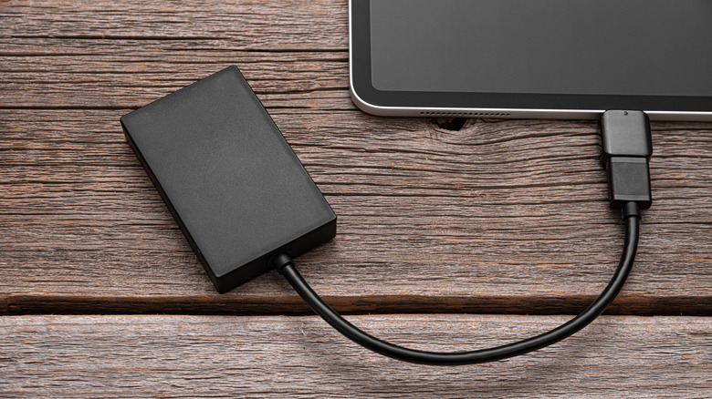 External drive plugged into tablet