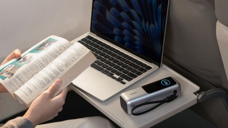 Anker 25,000 mAh Power Bank on in-flight laptop tray