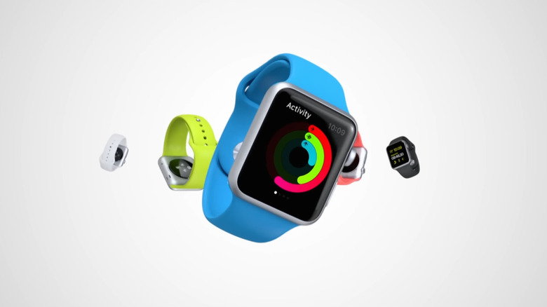 A series of Apple Watches on a white background