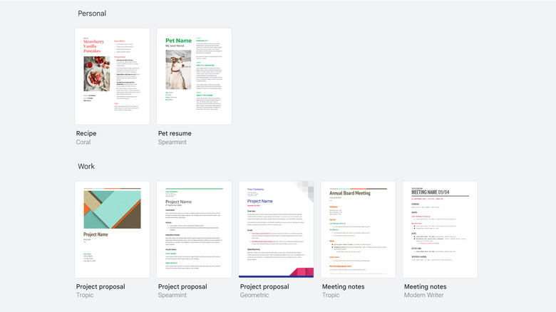 Google Docs template gallery page