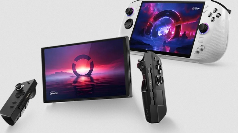 A pair of Lenovo Legion handheld systems, one with its controllers detached, Switch-style