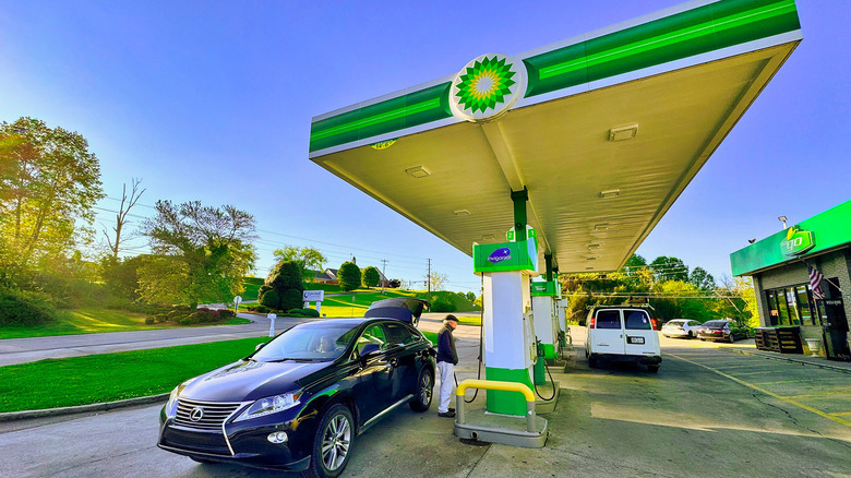 A wide angle shot of a BP gas station
