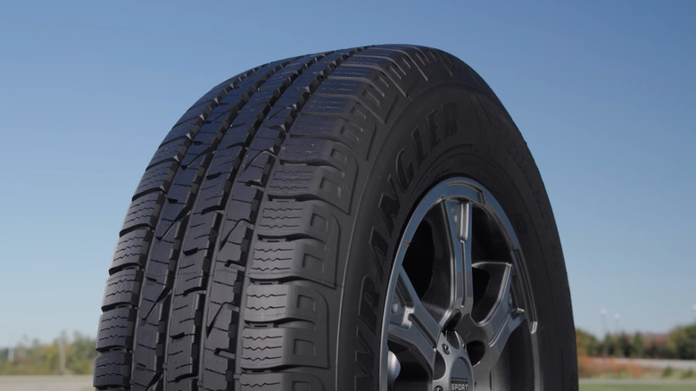 Closeup of a Goodyear Wrangler Steadfast HT tire