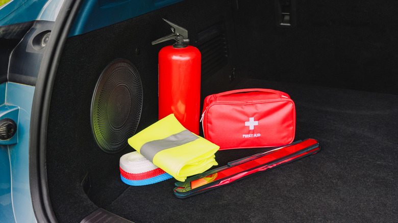 Emergency car kit stored in car trunk
