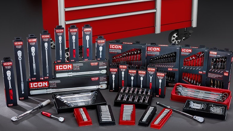 A range of Icon hand tools in front of a tool chest.