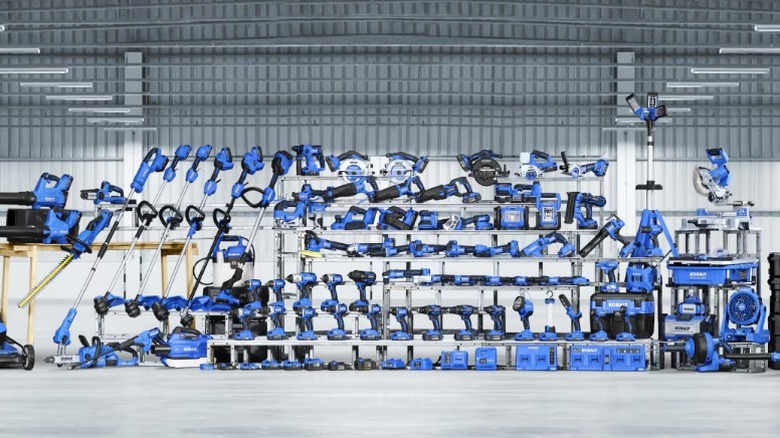 A range of Kobalt tools on display in a warehouse
