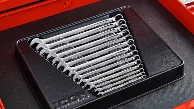 Icon 14-piece Anti-Slip Grip Professional Metric Combination Wrench Set in a toolbox