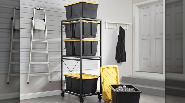 Gorilla Rack 5-tier Rolling Bin Organizer in a garage