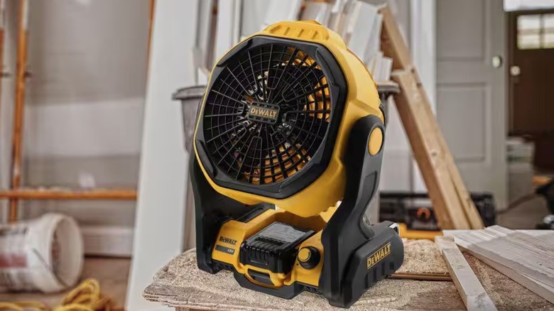 Picture showing a DeWalt fan on a work site