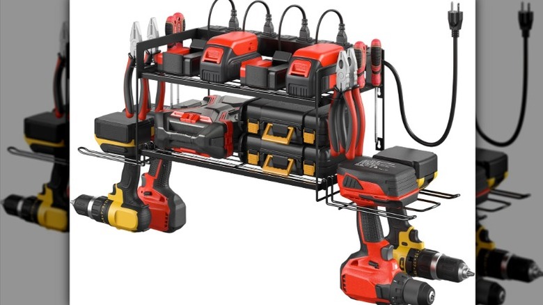 Fully loaded tool storage rack on a white background