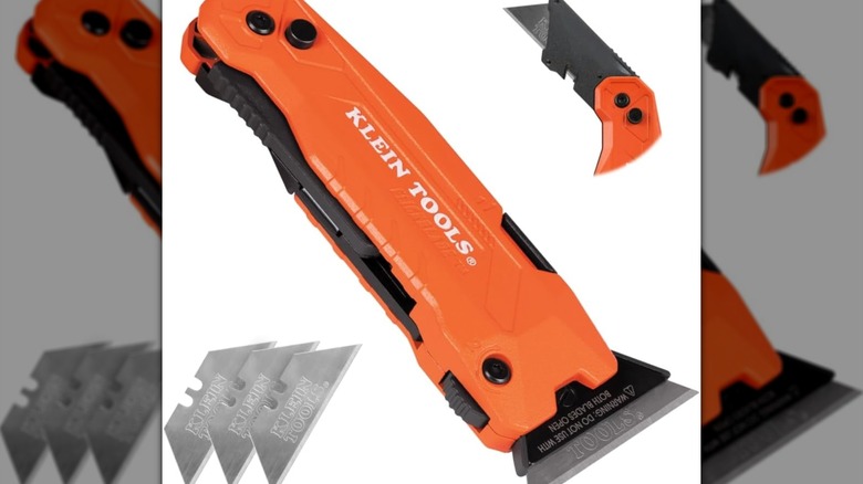 A Klein Tools Flickblade 2-in-1 Folding Utility Knife and Scraper.