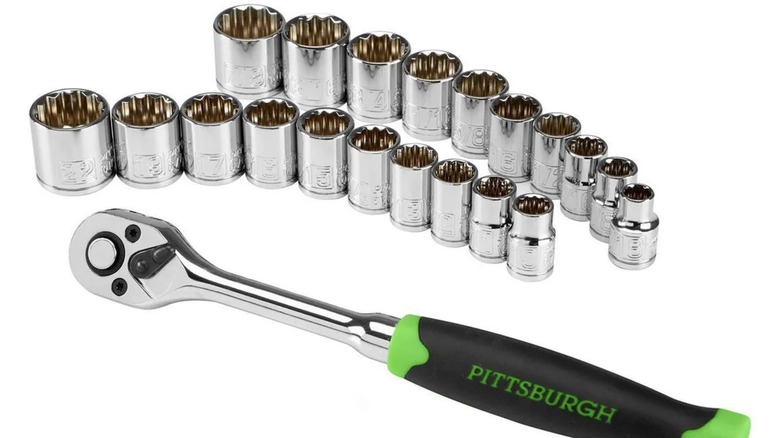 Pittsburgh 21-piece socket set, showing sockets and ratchet, against a white background