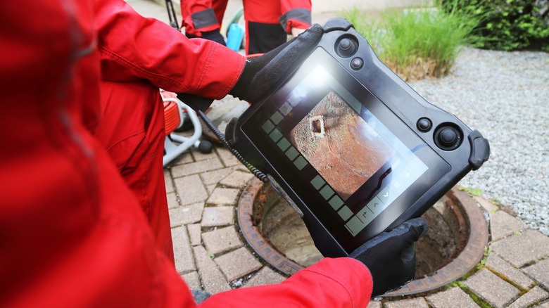 person wearing a red jacket outdoors watching an inspection camera screen