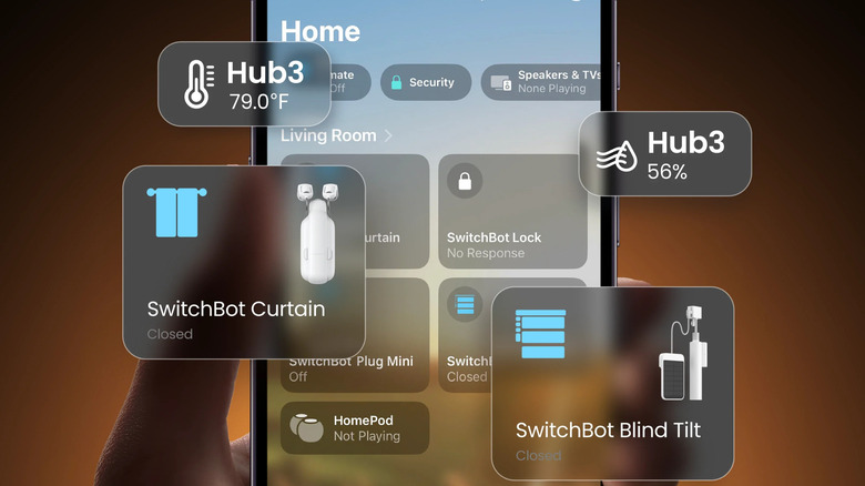 A graphic representing SwitchBot Hub 3 showing curtain and blind controls