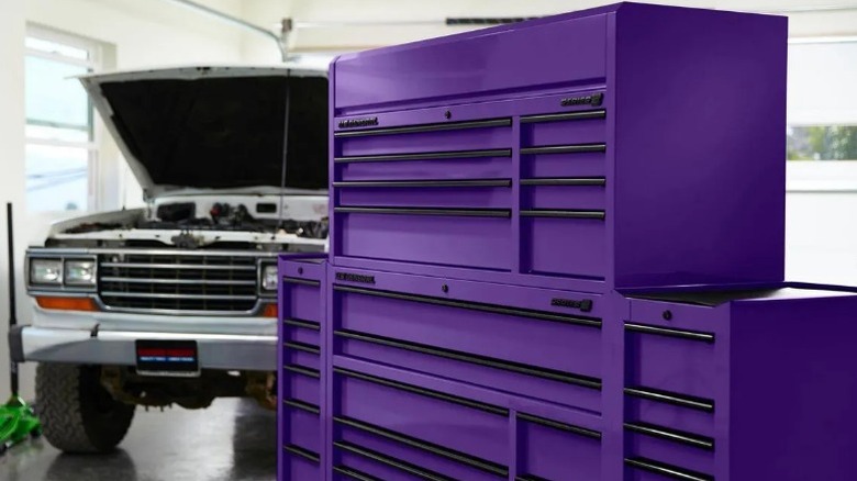 Purplse U.S. General tool chests stacked in a garage