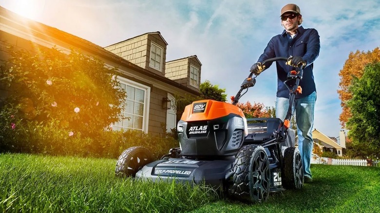 Atlas 80V 21-inch Self-Propelled Lawn Mower in use
