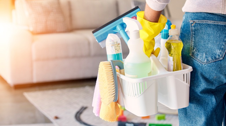 Person holding basket of cleaning supplies
