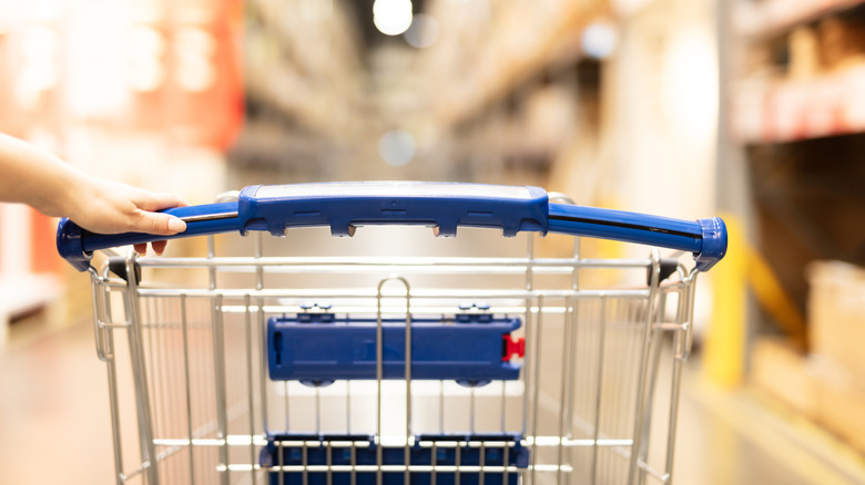 A person's hand on a metal shopping cart with store aisles blurred in the background