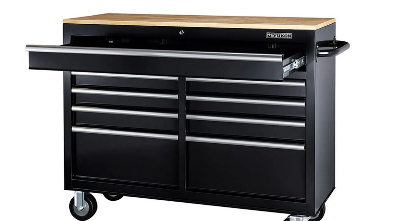 The Yukon 9-drawer storage cabinet shown in black with the top drawer open