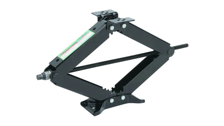 The Haul-Master Trailer/RV Scissor Stabilizer, half opened, on a white background.