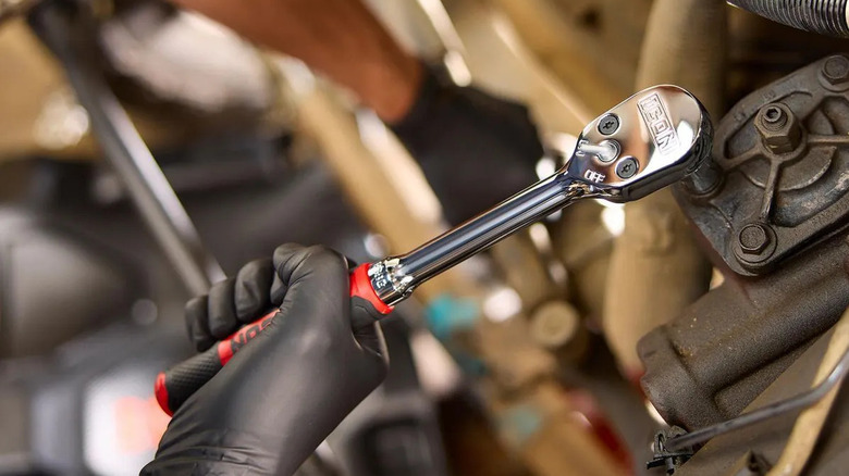 Icon G2 1/2 inch, 12 inch standard ratchet with comfort grip in use
