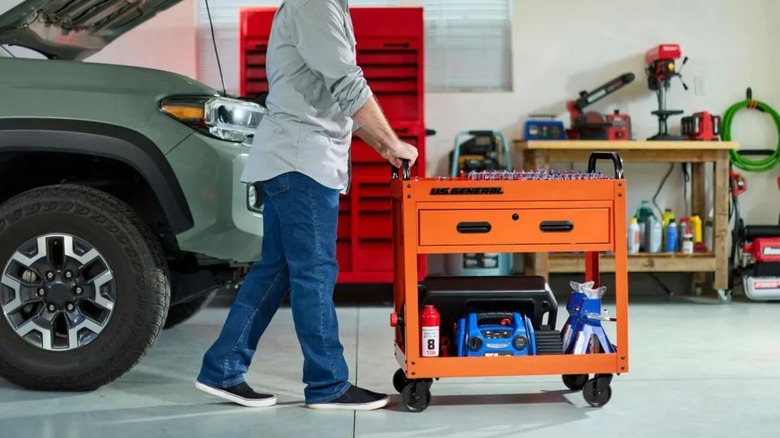 walking in shop with service cart