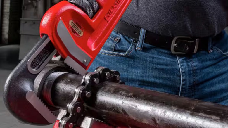 Ridgid 24-inch Straight Pipe Wrench for Heavy-Duty Plumbing in use