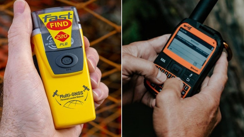 Two images, each of a hand holding a satellite communication device