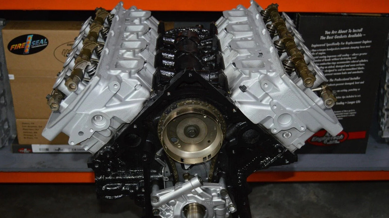 Early Gen-III HEMI crate engine on stand with timing cover removed, front view