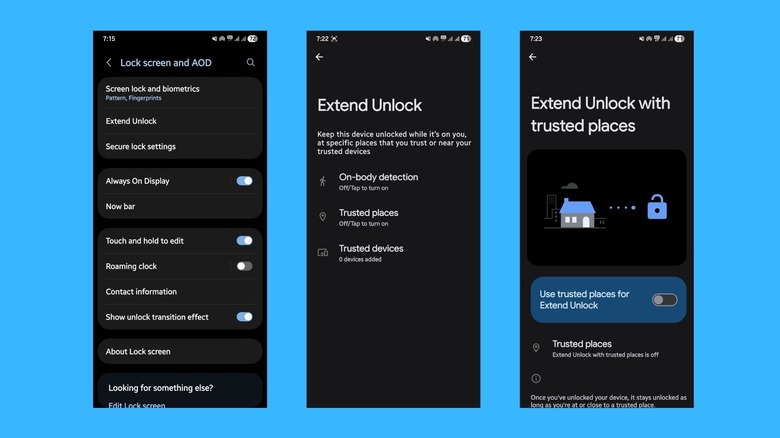 Images showing the steps for setting up Extend Unlock in Android
