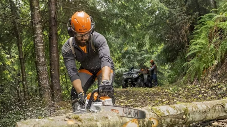 A worker in high-vis gear using an orange STIHL chainsaw to cut through a fallen tree in a forest.