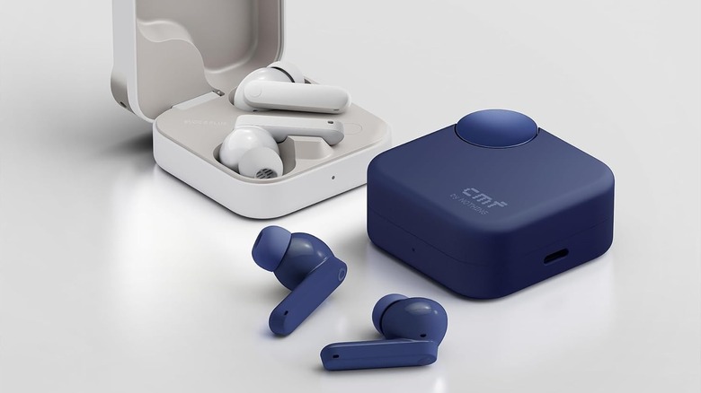 Two sets CMF Buds 2 Plus earbuds and their cases, one finished in blue and the other in white