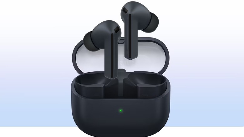 The Samsung Galaxy Buds 3 FE against a blue gradient backgrouind