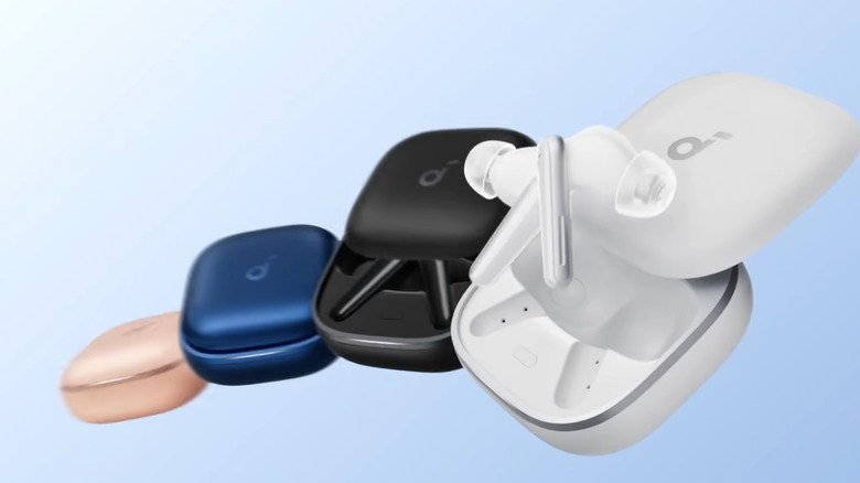 All four colors of the Soundcore Liberty 5, set against a blue studio background