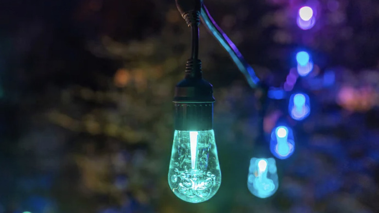 Embrighten vintage-style string lights displayed outdoors in shades of blue