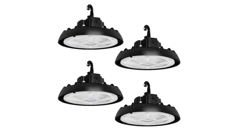 Picture showing Run Bison UFO lights hanging in a garage