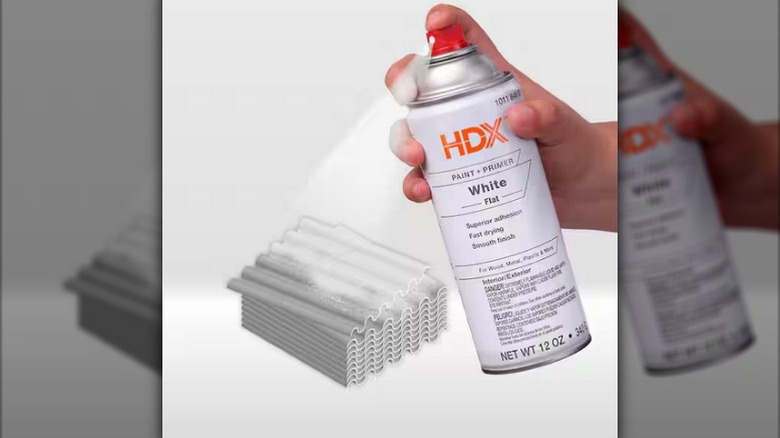 Close up of person using HDX spray pain on shingles