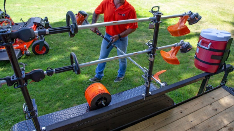 Buyers Products 3-position landscape trimmer rack on utility trailer