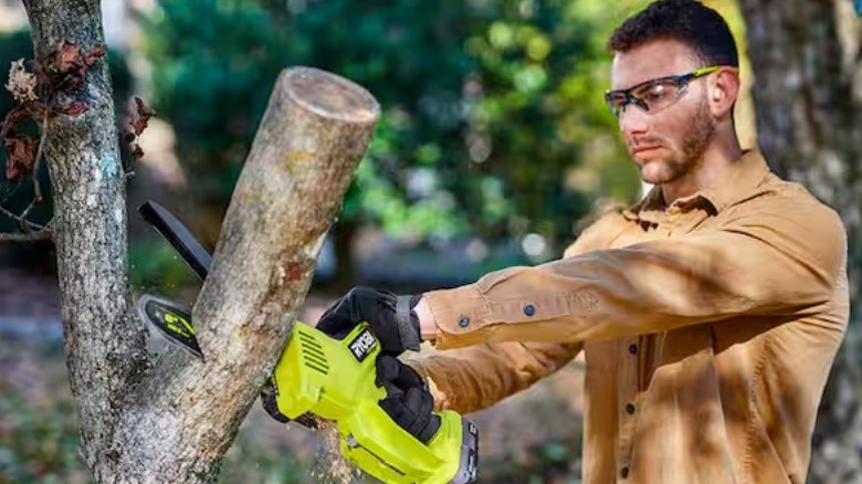 Person using Ryobi 18V One+ HP Brushless 8-inch Pruning Chainsaw to cut branch