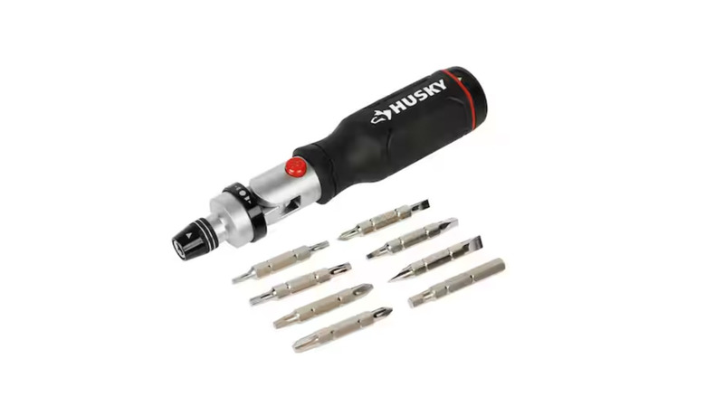 A Husky Ratcheting Screwdriver and its interchangeable heads against a white background