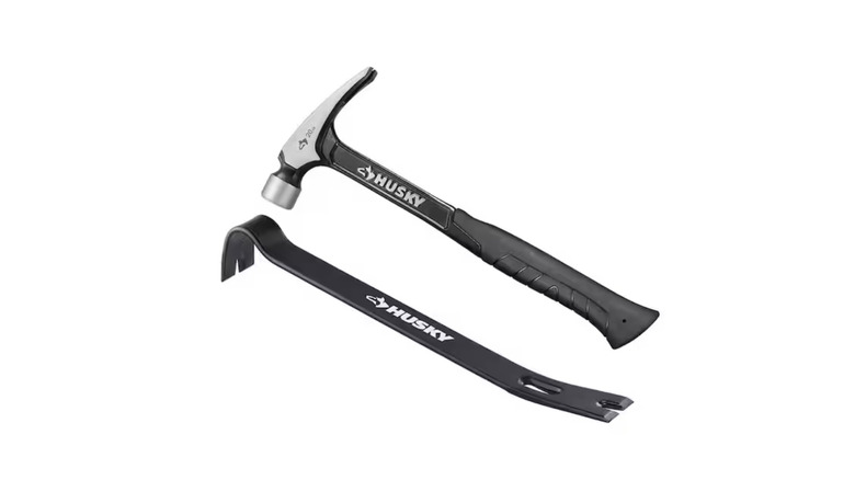 A Husky hammer and pry bar set against a white background