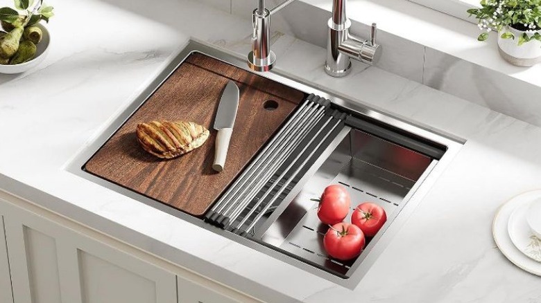 Acekool Undermount Workstation Kitchen Sink set into marble countertop