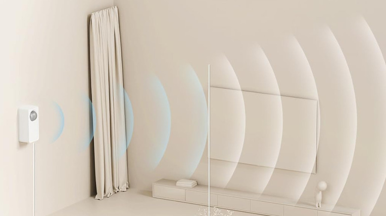 The Meross Human Presence Sensor mounted on a wall in an illustration of a room.