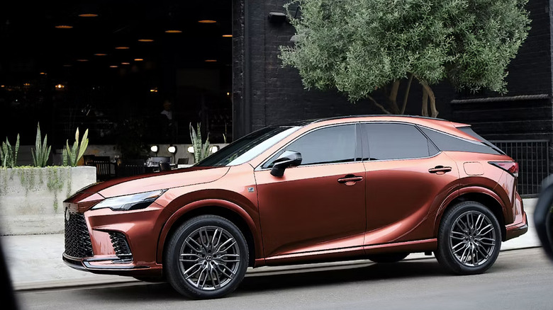 A hybrid Lexus RX500h colored in Copper Crest
