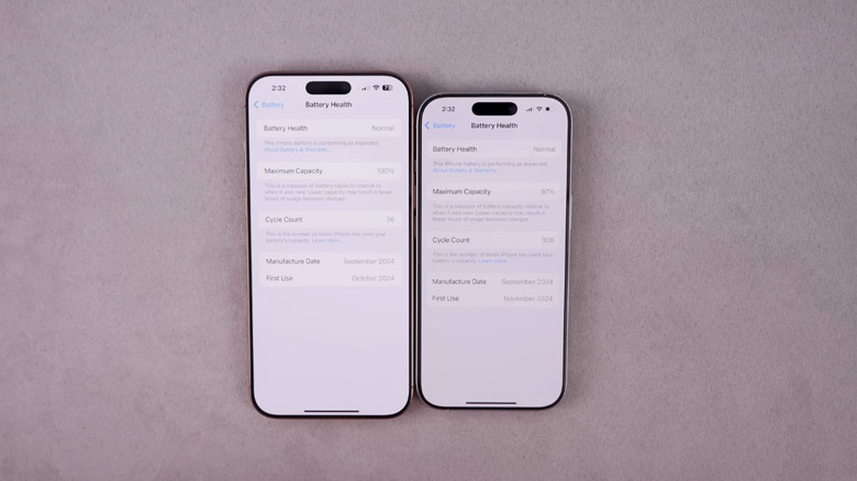 Two iPhones on table with battery health settings